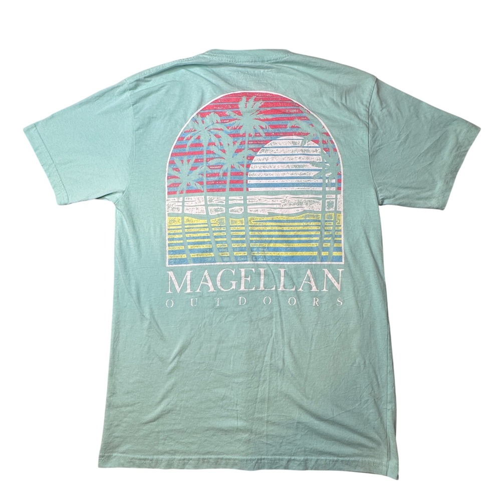 Magellan T-Shirt Mens MD Green Outdoors Graphic Palm Tree Sunset Short Sleeve
